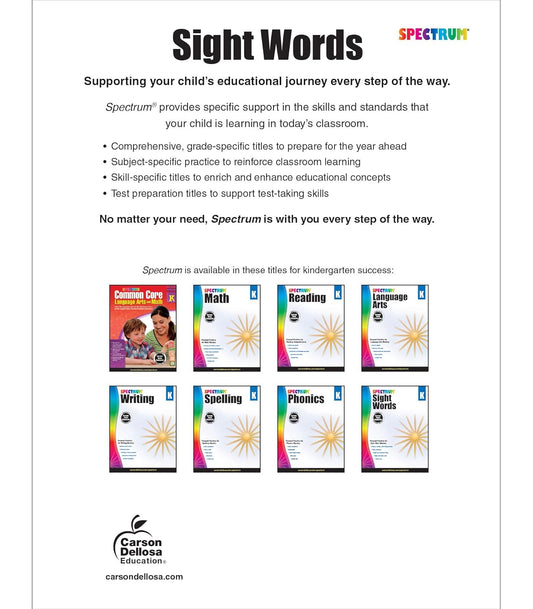 Spectrum Sight Words Kindergarten Workbooks, Phonics Book With Reading and Writing Practice, Vocabulary, Sentence Strips, and Flash Cards, Language Arts Classroom or Homeschool Curriculum