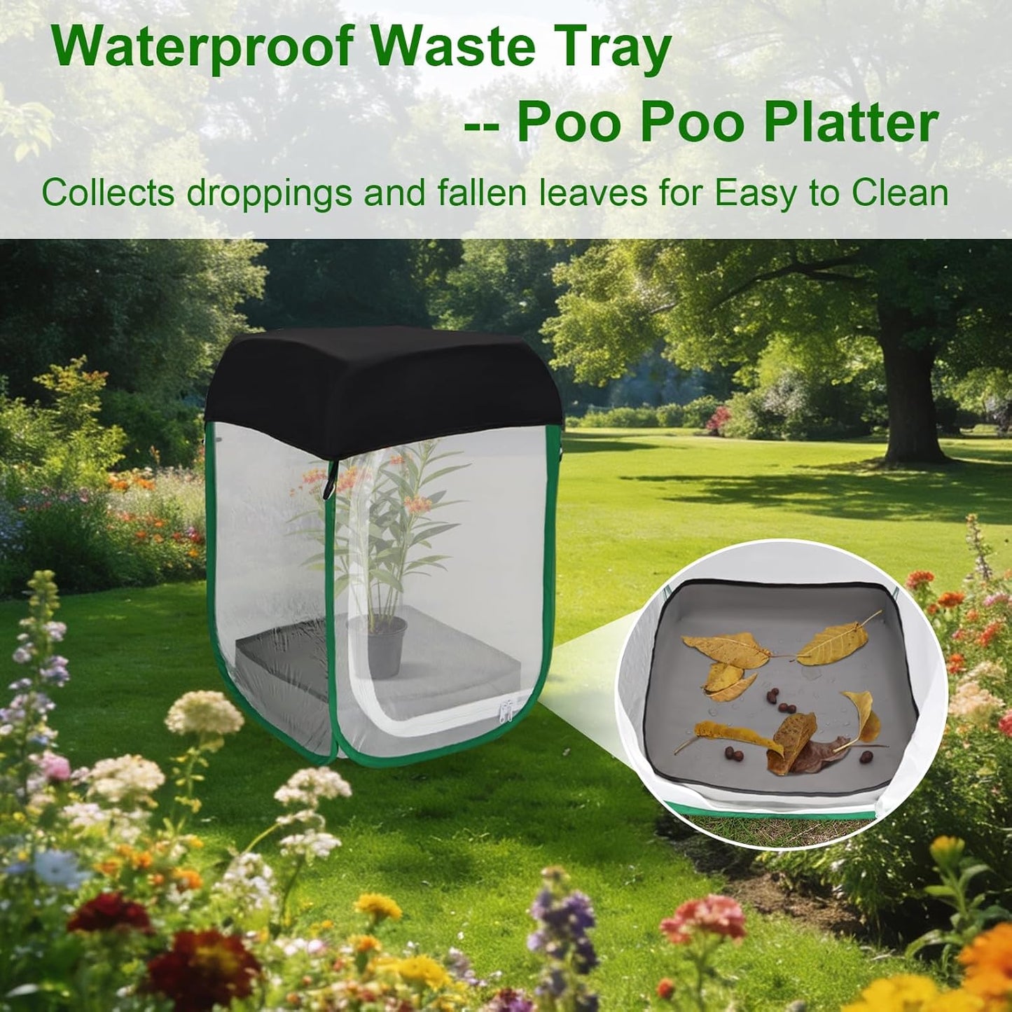 Butterfly & Insect Habitat Cage 24" x 24" x 36", Extra Large Butterfly Enclosure with Poop Tray for Easy to Clean, Pop-up Caterpillars Mesh Cage Terrarium with Sunshade Top for Outdoor.