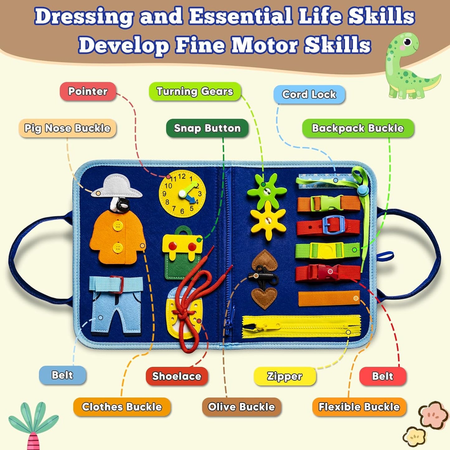 Montessori Busy Board for Toddlers 3-6, Sensory Educational Activities Board for Learning Fine Motor Skills, Travel Toys for Airplane Car, Gift for Girls Boys 3+ Years Old (Dinosaur)