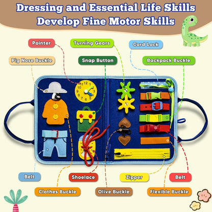 Montessori Busy Board for Toddlers 3-6, Sensory Educational Activities Board for Learning Fine Motor Skills, Travel Toys for Airplane Car, Gift for Girls Boys 3+ Years Old (Dinosaur)