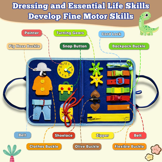 Montessori Busy Board for Toddlers 3-6, Sensory Educational Activities Board for Learning Fine Motor Skills, Travel Toys for Airplane Car, Gift for Girls Boys 3+ Years Old (Dinosaur)