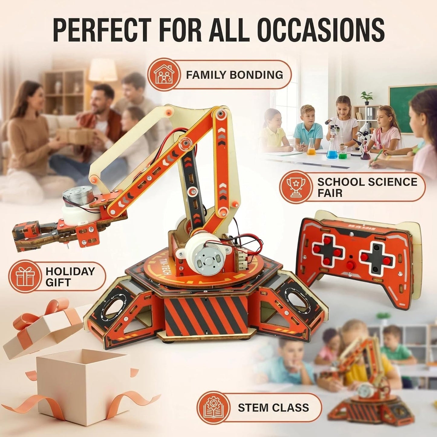 STEM Robotic Arm Kit for Kids 8+, RC Robot Building Kit, Mechanical Grabber Toy with 360° Rotation, Wooden Engineering Set