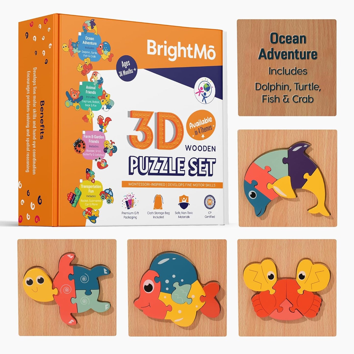 Montessori Wooden 3D Puzzle Set – Educational Wooden Toys for Toddlers (Themes: Ocean, Animals, Transport, Farm & Garden) (Animals)