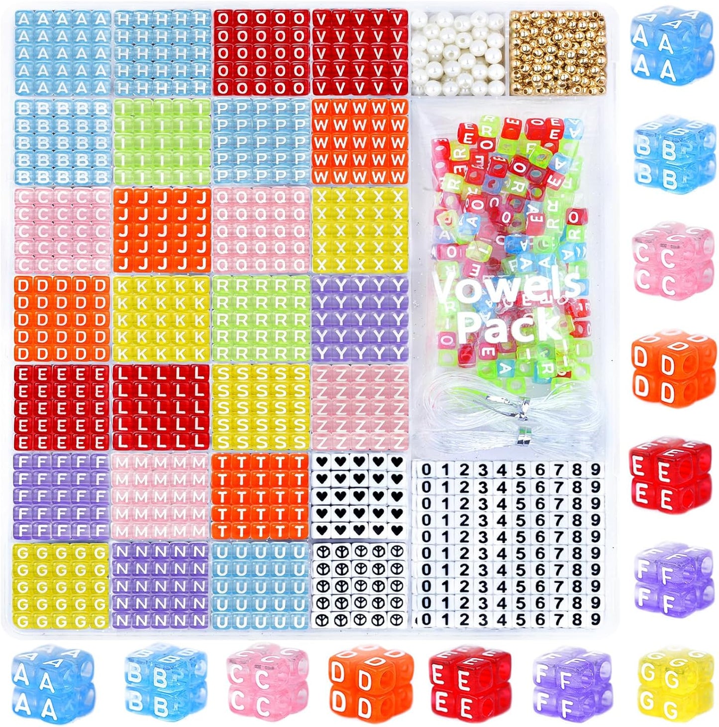 DoDoBeads 1270 Pcs Letter Beads Kit, White and Colorful Square Acrylic Alphabet Beads with Extra Vowels, Numbers & Spacers, Perfect for Friendship Bracelets