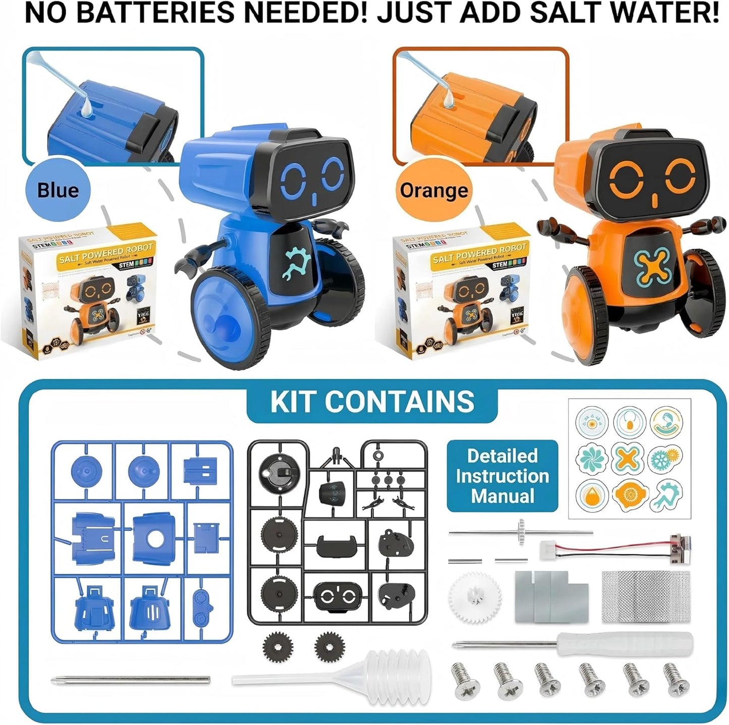 Science Saltwater-Powered Robot Kit, DIY STEM Gift Toys, No Batteries Required, Scientific Experiments, Creative Toy, Environmental Protection, for Festival & Birthday &Boys & Girls (Blue)
