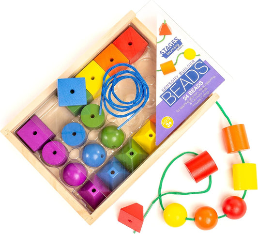 Stages Sensory Builder Colorful Wooden Stringing Beads in Sturdy Handled Tub, 96 Beads and 6 Strings, for Developing fine Motor Skills and Hand Eye Coordination