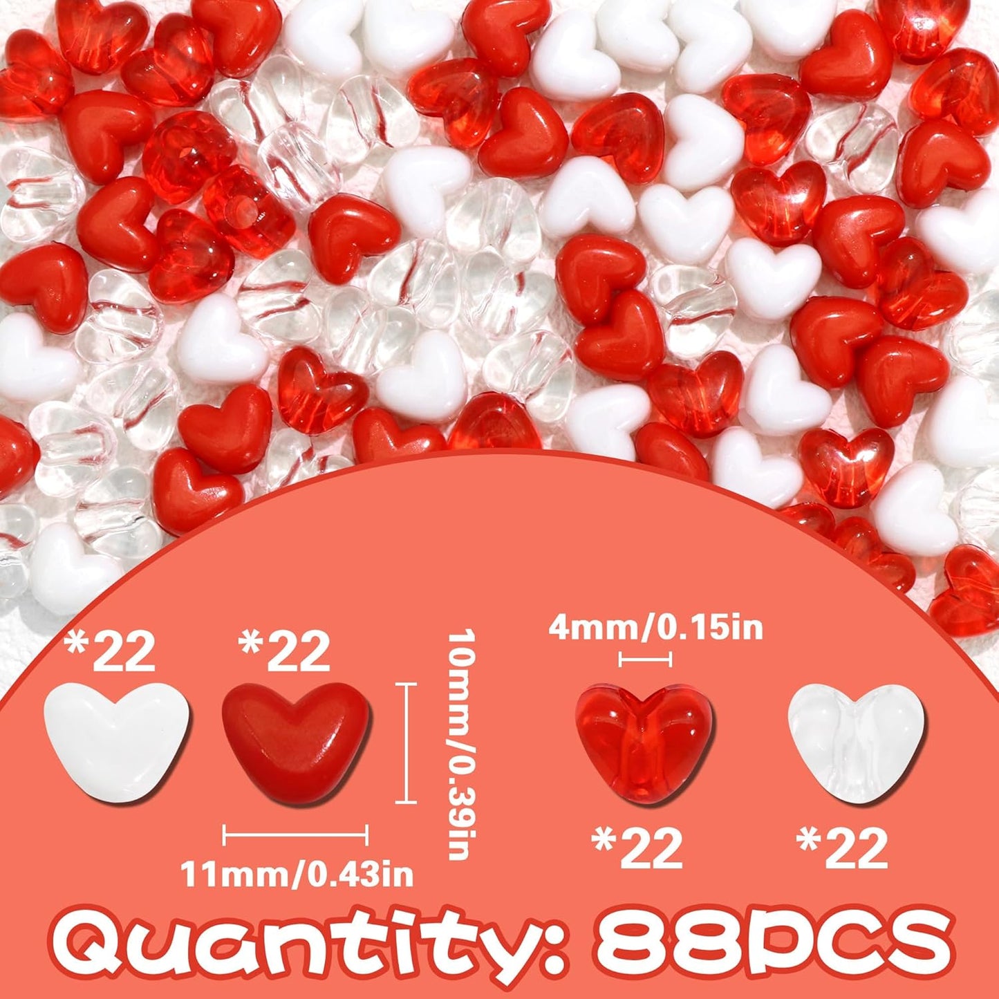 88PCS Pink White Hair Beads for Braids Lovely Heart Shape Loc Dreadlock Valentine's Day Bead Accessories Cute Acrylic Small Pony Beads for Kids Girls