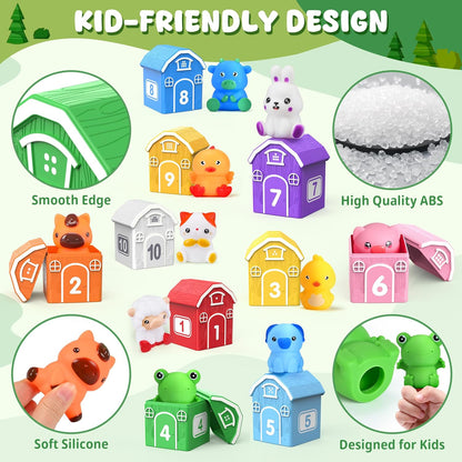 Montessori Toys for Toddlers 1 2 3 Years Old, Farm Animal Train Set with Counting Matching Sorting Activities 9 Barns, 10 Finger Puppets, 2 Stickers-Learning Toys for Baby Boys Girls, Preschool Gift