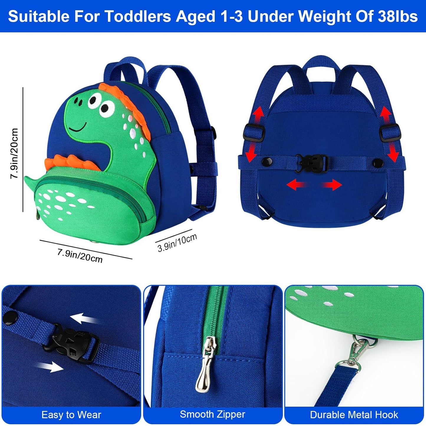 Accmor Toddler Harness Backpack Leash, Cute Dinosaur Backpacks with Anti Lost Wrist Link, Cute Mini Child Backpack Wristband Tether Strap and Protection Leashes for Boys Girls Aged 1-3 Years