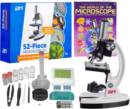 AMSCOPE-Kids 120X-1200X White Metal Arm Starter Kids Student Microscope Kit and Compact Refractor Telescope with Tripod - M30-ABS-KT2-W-TKVB1