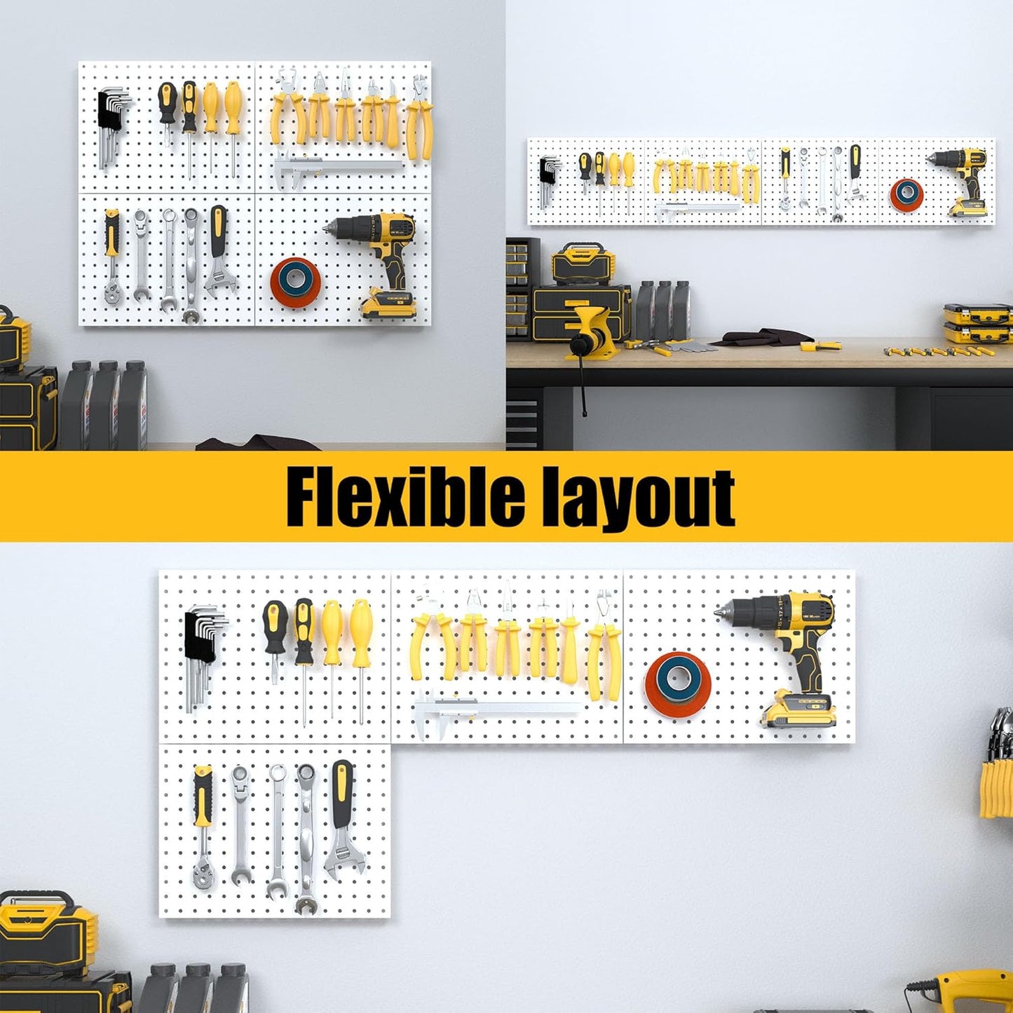 Spampur Peg Board, 4 Pack Metal Pegboard Panels with 50 Hooks, Black Pegboards Wall Organizer, Heavy Duty Peg Board for Walls Home, Garage Tool Storage, Office Organization, Craft Room, Kitchen