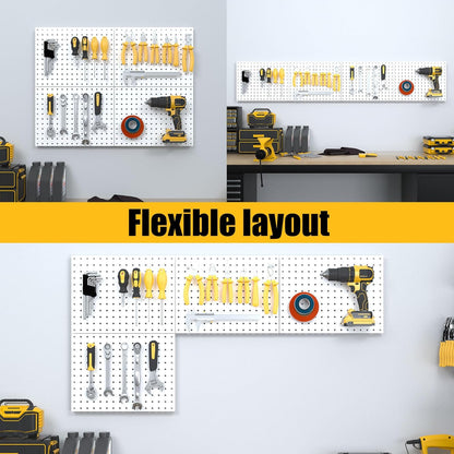Spampur Peg Board, 4 Pack Metal Pegboard Panels with 50 Hooks, Black Pegboards Wall Organizer, Heavy Duty Peg Board for Walls Home, Garage Tool Storage, Office Organization, Craft Room, Kitchen