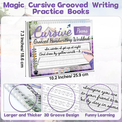 gisgfim Grooved Cursive Handwriting Workbook Magic Reusable Grooved Cursive Handwriting Practice Guided Tracing with Disappearing Ink Pens for Beginners Kids Learning Activities Supplies (Sentence)
