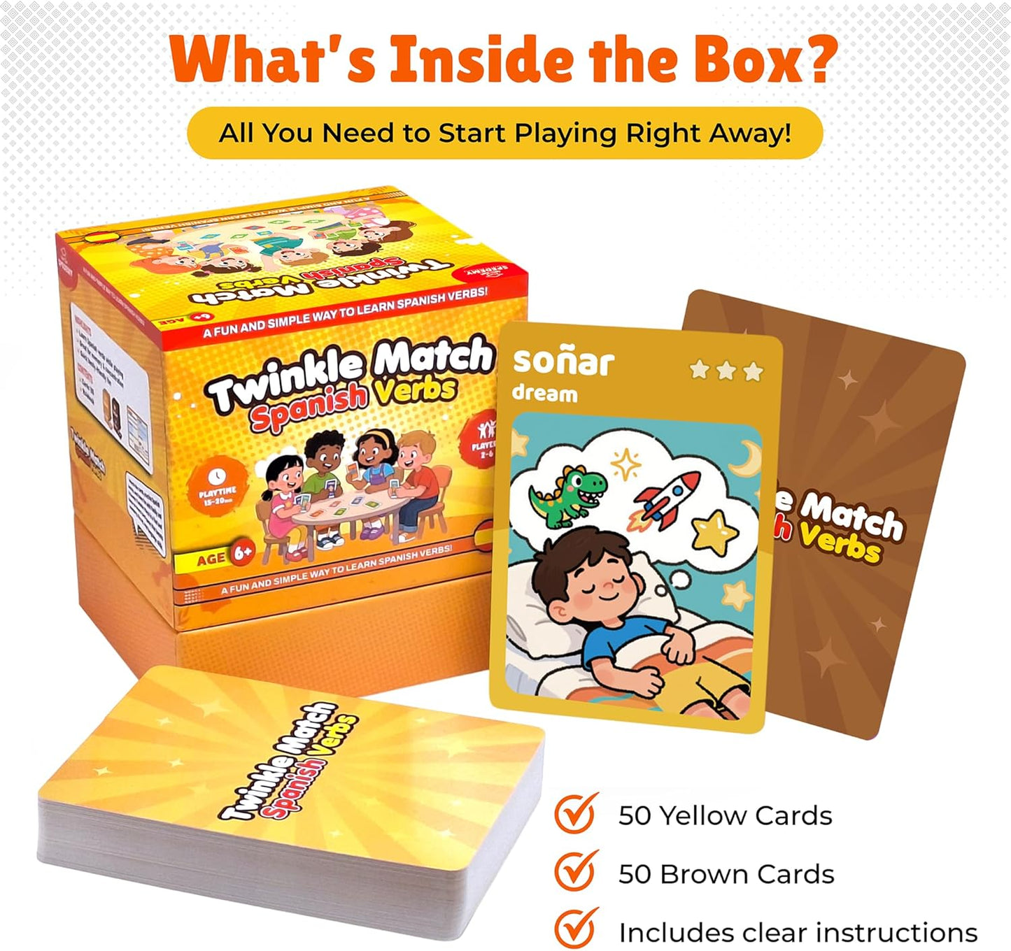 Spedemy Twinkle Match Spanish Card Game – 100 Vocabulary Matching Cards, Bilingual Games, Spanish Board Game for Kids, Beginners, Families, Homeschool & Classroom, juegos en español para la Familia