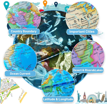 BSHAPPLUS 13 inch Large Globe for Classroom & Home Learning, Political Globe with 195+ Countries, Dry Erase & Waterproof Surface, Solid Stainless Steel Base (No Assembly Required)
