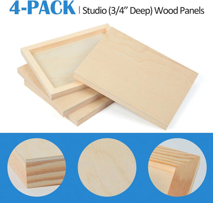 Falling in Art Unfinished Birch Wood Canvas Panels Kit, 4 Pack of 8x10’’ Studio 3/4’’ Deep Cradle Boards for Pouring Art, Crafts, Painting, and More