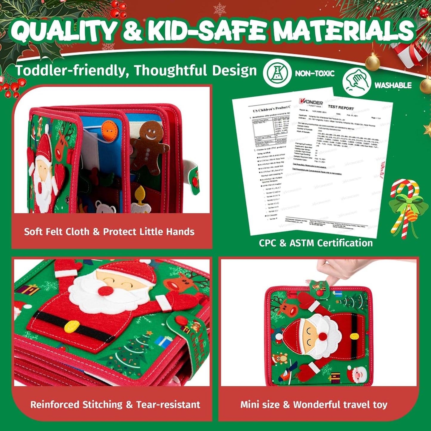 Montessori Christmas Busy Book for Toddlers 1-3- Learning Busy Book with Santa,Tree Decorating,Nativity-Autism Sensory Toy for Toddler 3-5 Airplane Travel Toy,Christmas Toddler Gifts for Girls & Boy