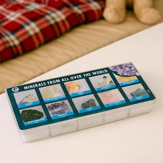 10 Authentic World Mineral Specimens STEM Kit for Kids – Labeled Geology Collection with Guide in Plastic Display Case – Educational Rock Set Ages 6+