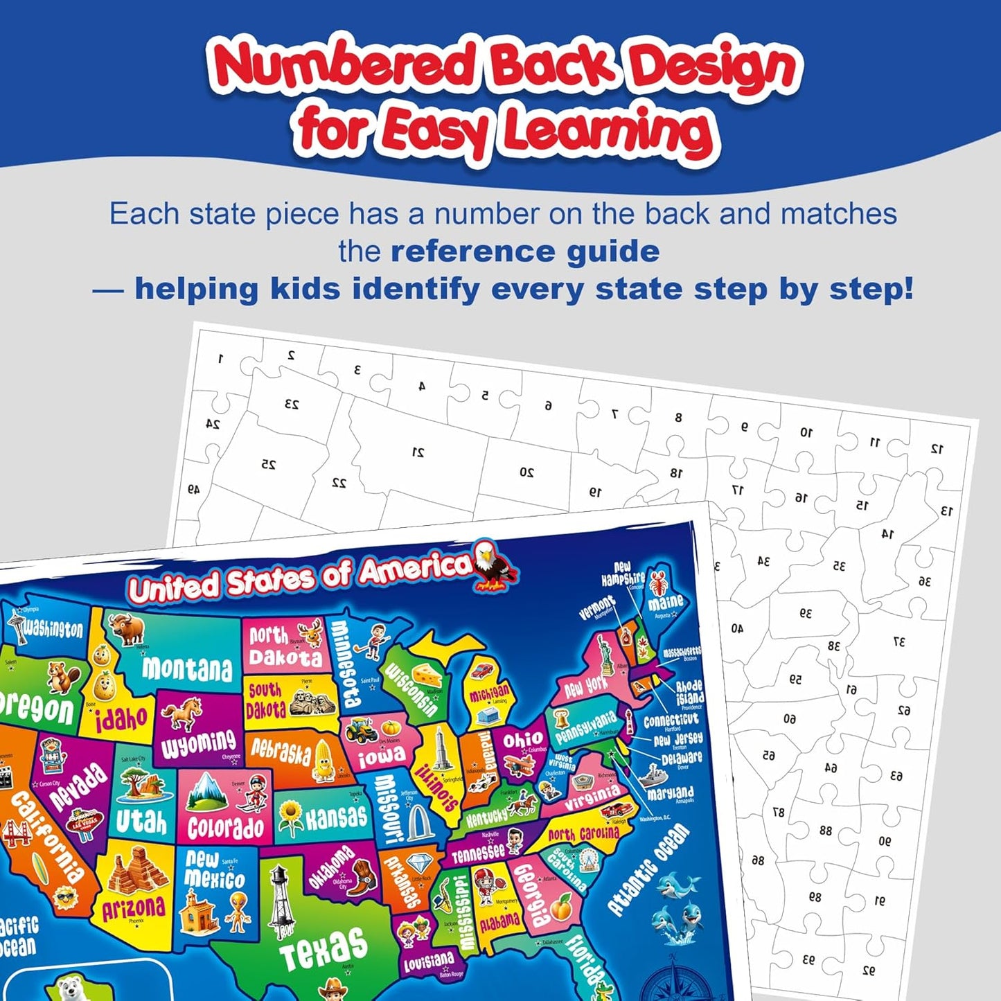 United States Map Puzzle for Kids Ages 4-8 - 103 Piece USA Geography Floor Jigsaw with State Shaped Pieces, Large 18x24 Educational Learning Toy – Each State is Individual Flat Piece