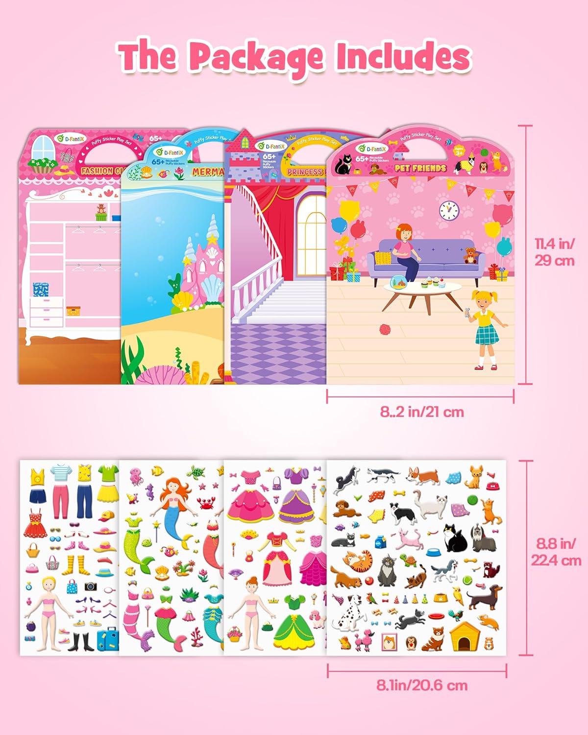 D-FantiX 3D Puffy Stickers for Toddlers 2-4 Years, Reusable Sticker Books for Girls Ages 4-8, Dress-Up, Princess, Mermaid, Pet, Car Road Trip Activities for Kids 3-5, Airplane Travel Essentials