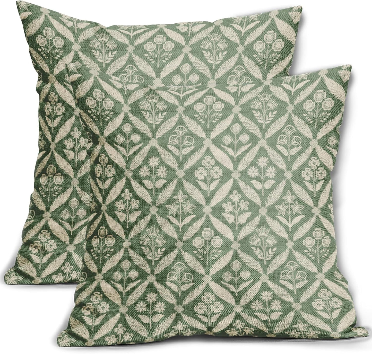 Blue Green Floral Block Print Pillow Covers 12X20 Set of 2, Flower Pattern Spring Summer Print Decorative Throw Pillow Covers Outdoor Farmhouse Seasonal Cushion Case Couch Sofa Bed Decor