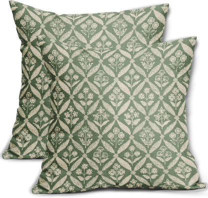 Blue Green Floral Block Print Pillow Covers 12X20 Set of 2, Flower Pattern Spring Summer Print Decorative Throw Pillow Covers Outdoor Farmhouse Seasonal Cushion Case Couch Sofa Bed Decor