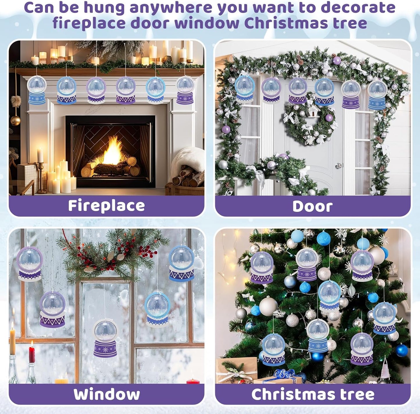Threehoney 24 Pack Winter DIY Snow Globe Craft Kit for Kids Christmas 3D Shaking Snow Globe Hanging Ornament for Xmas Tree with Glitter Sequins Papers 3D Half Balls and Cards(Blue+Purple)