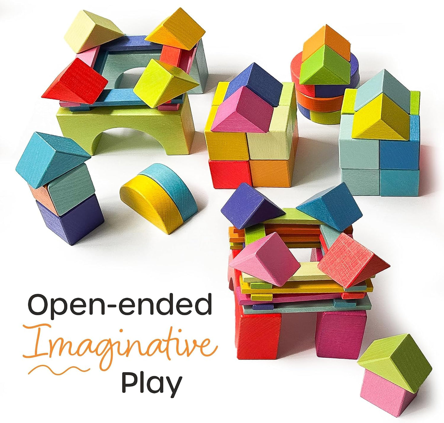 Quiggly Montessori Wooden Rainbow Building Blocks Set | 68-Piece Educational STEM Toy for Toddlers | Includes Storage Box with Carry Handles | Ideal for Ages 12-48+ Months (Wooden Storage Box)