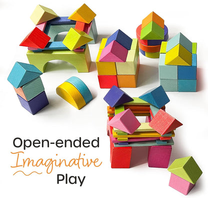 Quiggly Montessori Wooden Rainbow Building Blocks Set | 68-Piece Educational STEM Toy for Toddlers | Includes Storage Box with Carry Handles | Ideal for Ages 12-48+ Months (Wooden Storage Box)
