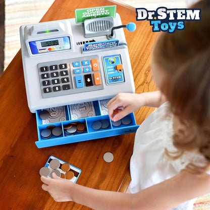 Dr. STEM Toys Talking Toy Cash Register, STEM Learning 69 Piece Pretend Store with 3 Languages, Paging Microphone, Credit Card, Bank Card, Play Money and Banking for Kids (Silver)
