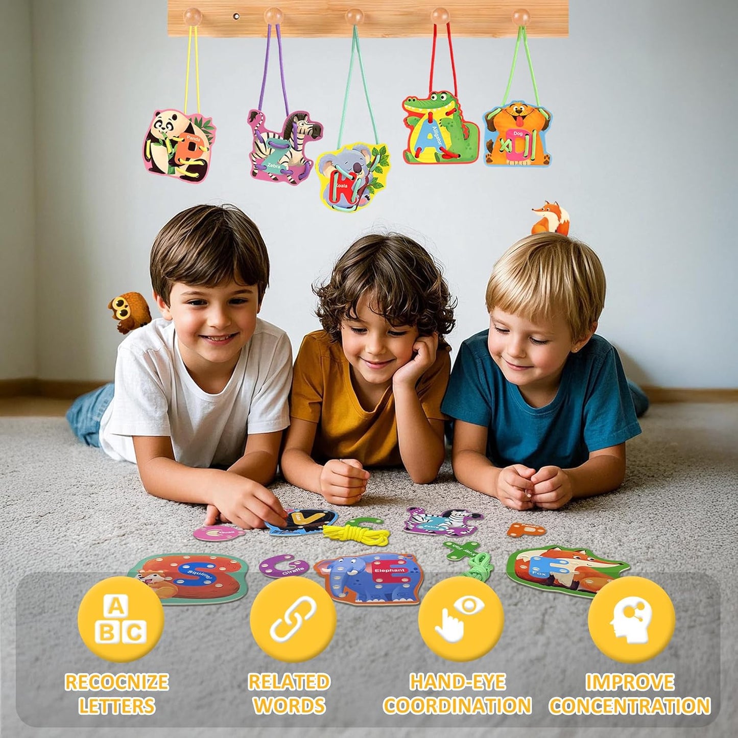 52 PCS Animals Lacing Cards for Kids Ages 3-5, Uppercase Sewing Cards Kits, Animal Alphabet Matching Games for Preschool Learning, Developing Fine Motor Skills Supplies