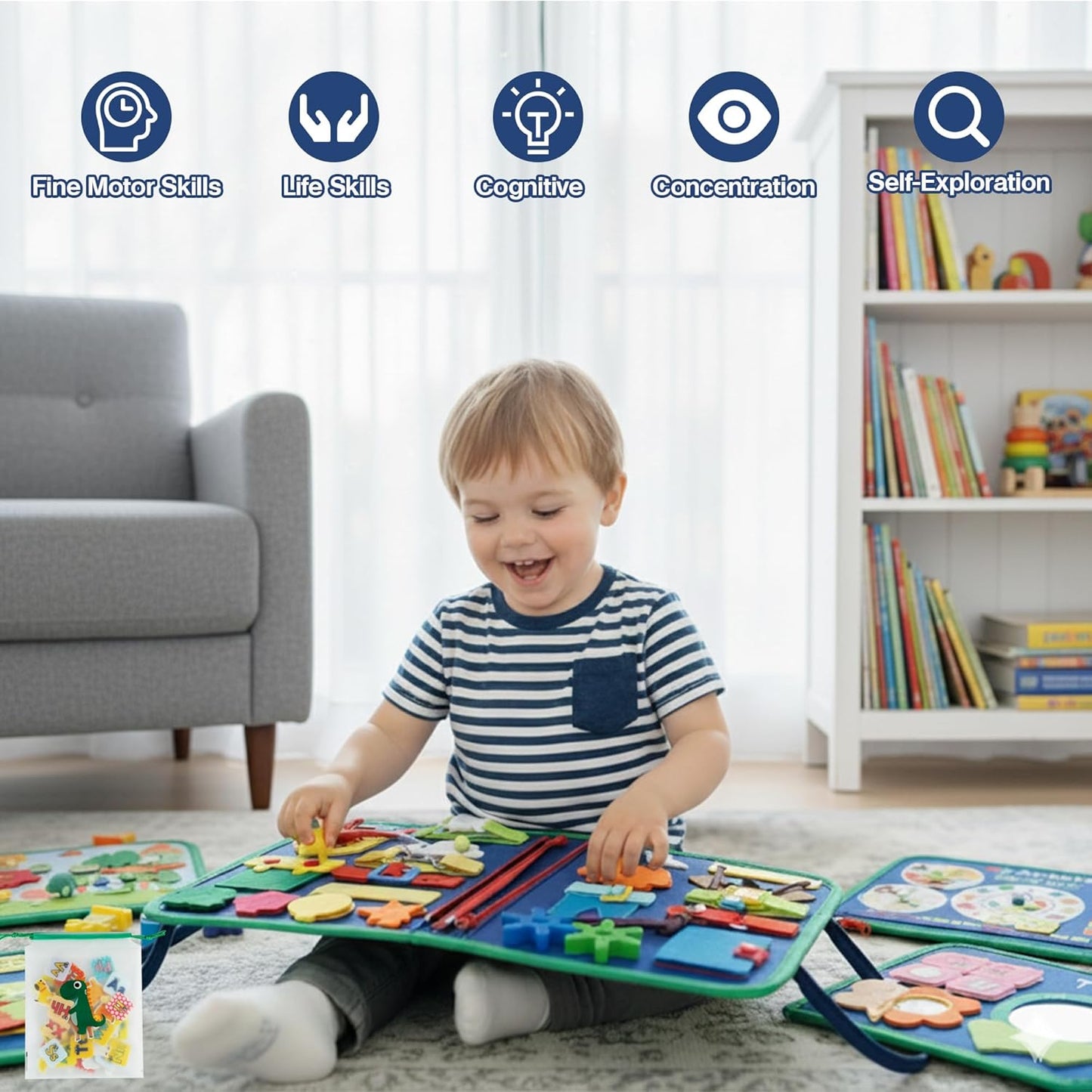 Tilhumt 8 in 1 Busy Book for Toddler 1-3, Montessori Boy Board with Storage Bag for Travel Quiet Learning Sensory Toys, Felt Busy Book for Baby Educational Gift Activities Fine Motor Skills