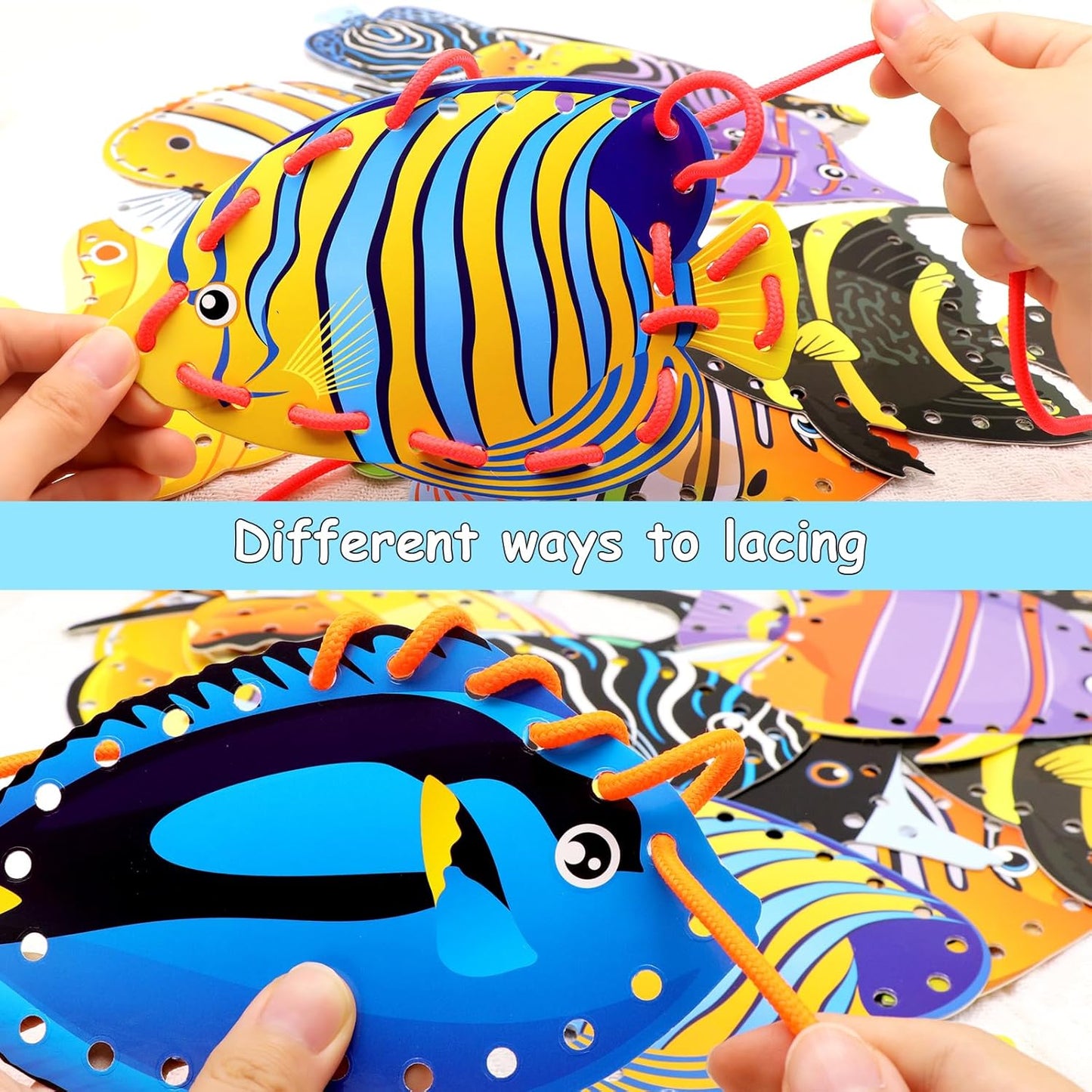 Tropical Fish Lacing Cards for Kids 12 Pack Ocean Fish Sea Animals Double Sided Cards Sewing Games Ocean Theme Party Decorations for Home Developing Imagination Education Supplies