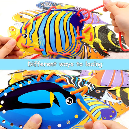 Tropical Fish Lacing Cards for Kids 12 Pack Ocean Fish Sea Animals Double Sided Cards Sewing Games Ocean Theme Party Decorations for Home Developing Imagination Education Supplies