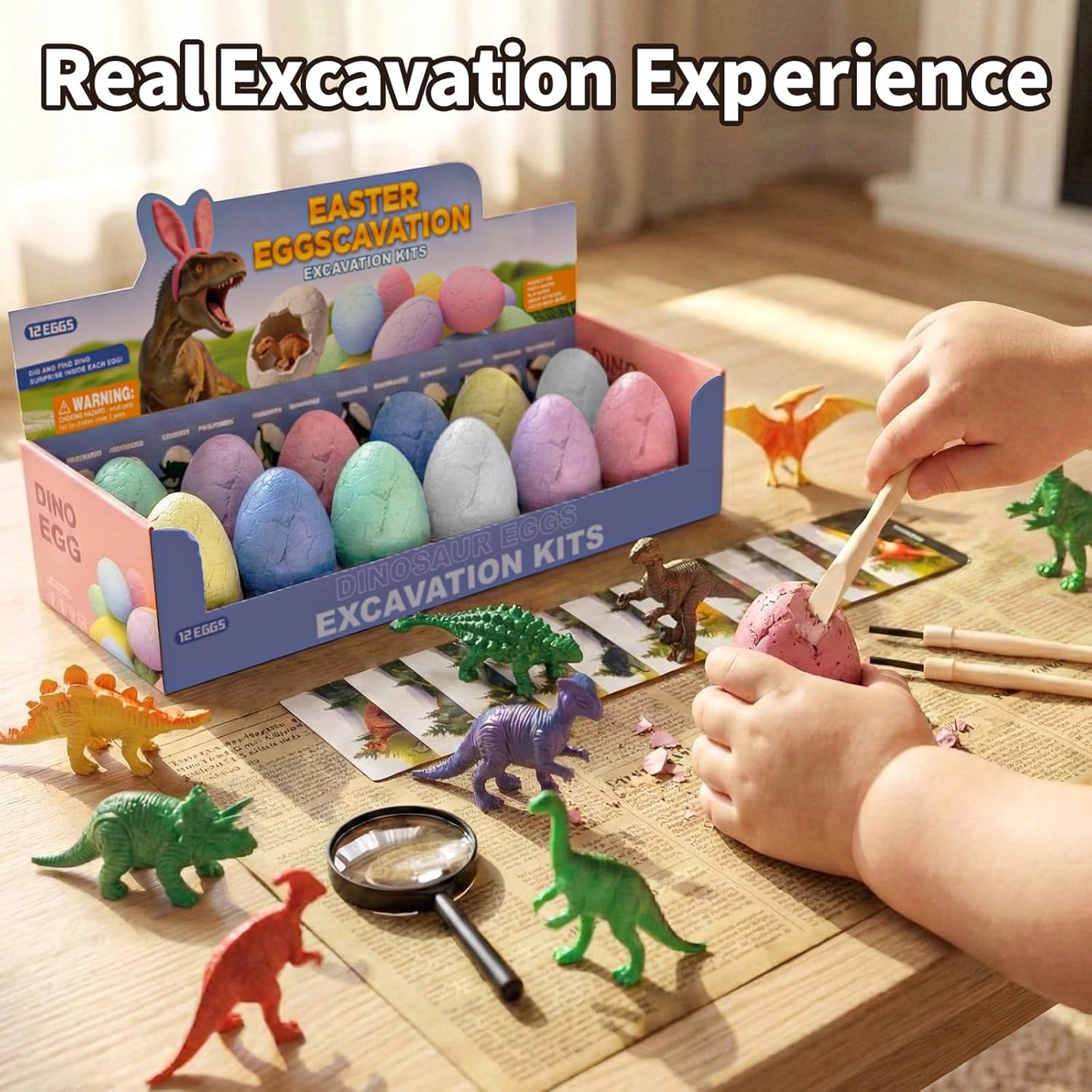 24 Dinosaur Eggs Dig Kit Toys for Kids, Dinosaur Eggs Excavation Kit with Magnifier, Easter Basket Stuffers, Science STEM Birthday Party Favors Gifts for Boys Girls Age 3 4 5 6 7 8 9 10 + Years Old