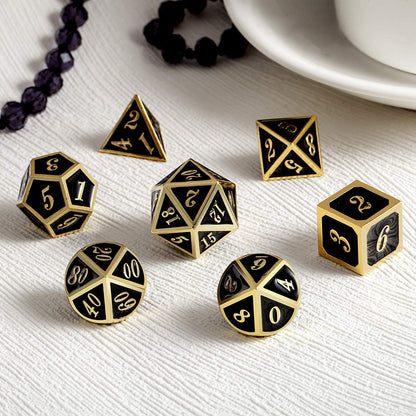 DnDnD Heavy Polyhedral Metal Dice Set with Metal Box, 7-die Shiny Blue Surface with Golden Number for RPG,Dungeons and Dragons,Pathfinder,Shadowrun,D&D,Role Palying Game and Math Teaching - Colors A