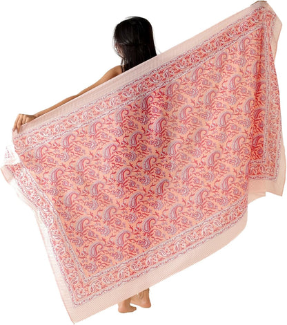 100% Cotton Sarong Cover Up for Women Indian Block Print Beach Wrap Skirt Long Boho Swimsuit Bikini Pareo (73” x 43”)