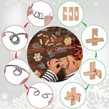Advent Calendar 2025 Brain Teaser for Kids & Adults - 24 Days of Metal Puzzle Ring & Wooden Toy Games, Christmas Countdown with Mind IQ Logic Challenges, Unlock Interlock Gift for Boys Girls Teens