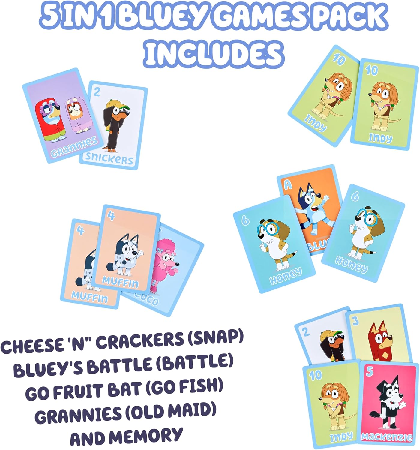 Bluey 5-in-1 Card Game Set, Jumbo-Sized 53-Deck Toddler Game, Multi-Color Interactive Play Card Games for Kids of Ages 3+