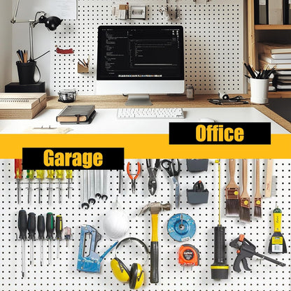 Spampur Peg Board, 4 Pack Metal Pegboard Panels with 50 Hooks, Black Pegboards Wall Organizer, Heavy Duty Peg Board for Walls Home, Garage Tool Storage, Office Organization, Craft Room, Kitchen