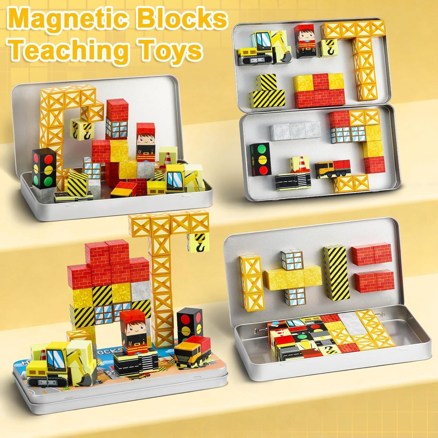 QOUBAI 45PCS Mini Magnetic Blocks Travel Toys, Magnet Building Cubes Tiles Set with Portable Iron Case, Learning Activities Gifts for Kids Toddlers Boys & Girls Ages 3-8 (Construction)