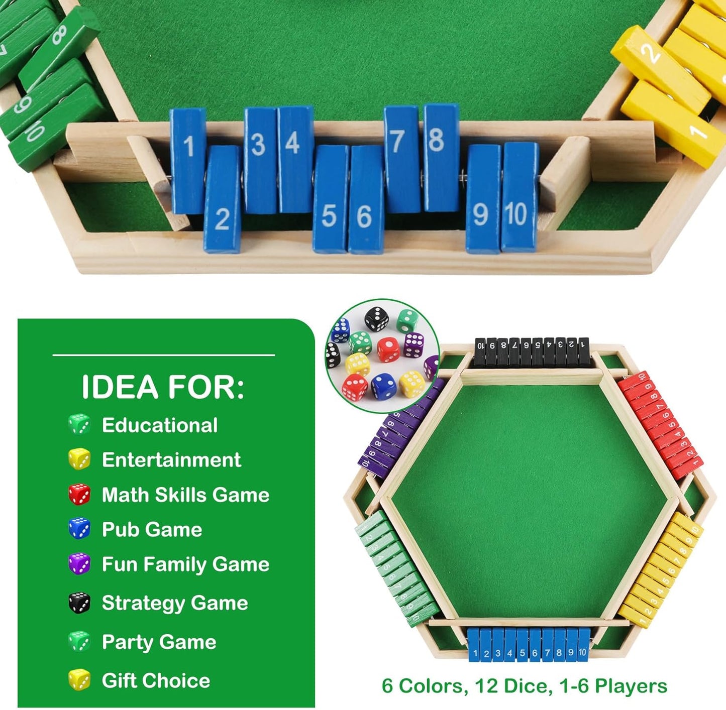 Shut The Box Game Wooden, 1-6 Players Dice Board Game for Adults and Kids, 10 Numbers Math Games - Educational and Entertaining, Classic Table Flip Blocks for Family Game Night