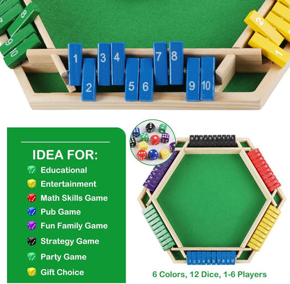 Shut The Box Game Wooden, 1-6 Players Dice Board Game for Adults and Kids, 10 Numbers Math Games - Educational and Entertaining, Classic Table Flip Blocks for Family Game Night