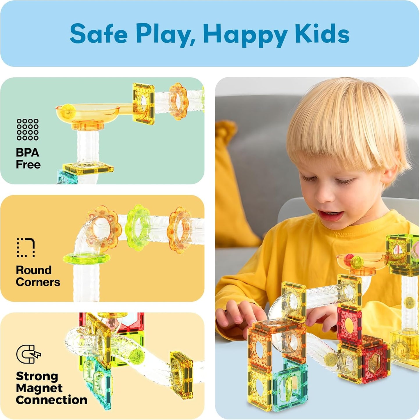 PicassoTiles Marble Run 60 Piece Race Track Magnetic Tiles Magnet Building Block Educational Construction Toy Set Playset STEM Learning Kit Child Brain Development HandEye Coordination Training PTG60