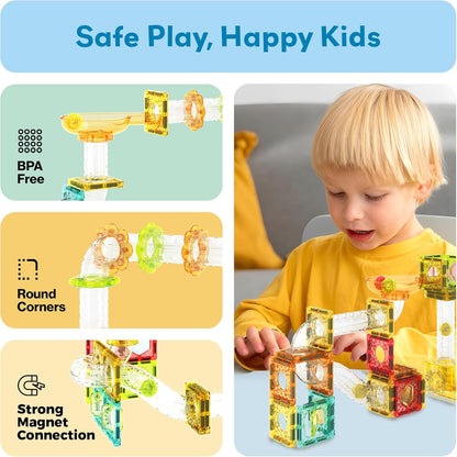 PicassoTiles Marble Run 60 Piece Race Track Magnetic Tiles Magnet Building Block Educational Construction Toy Set Playset STEM Learning Kit Child Brain Development HandEye Coordination Training PTG60
