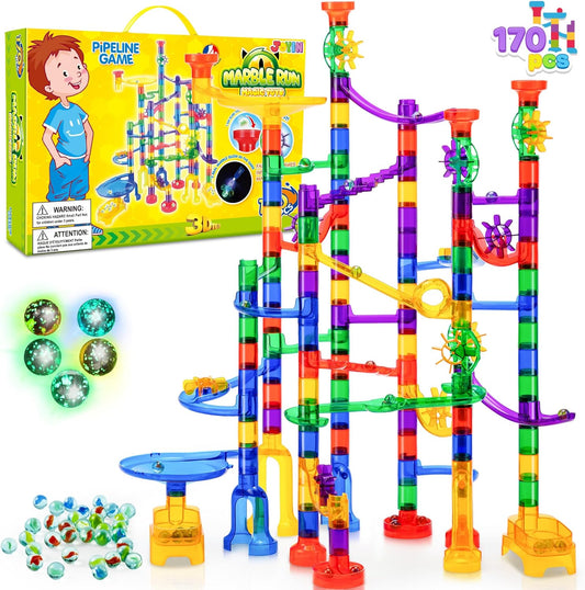JOYIN 150Pcs Glowing Marble Run- Construction Building Blocks Toys with 5 Glow in The Dark Glass Marbles, STEM Educational Building Block Toy, Birthday Gifts, Easter Basket Stuffers