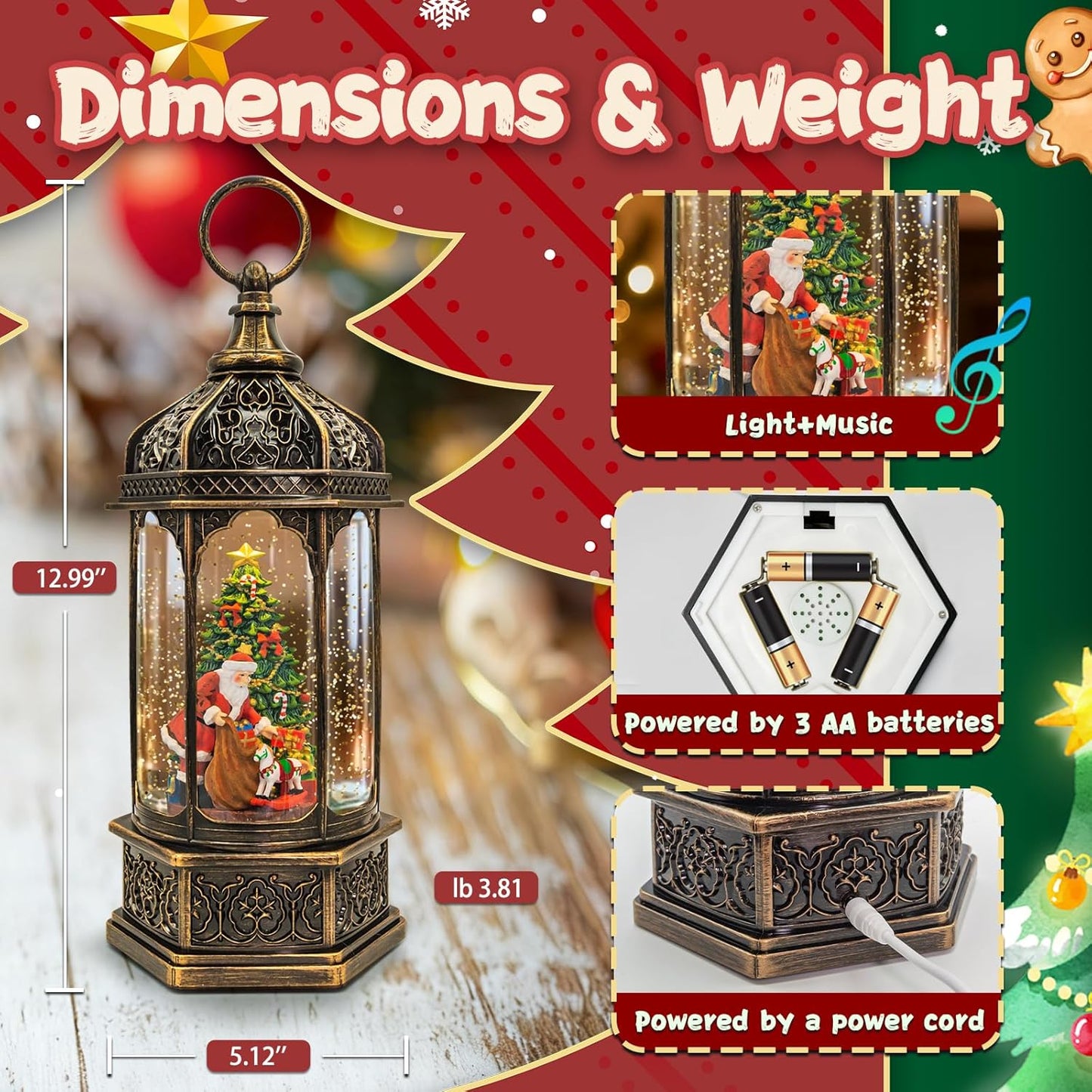 Christmas Snow Globes Lantern, Church and Christmas Tree Christmas Decorations Indoor, 6H Timer Battery & USB Powered Light Up Musical Snow Globes for Kids Women Adults Gift Thanksgiving Home Decor