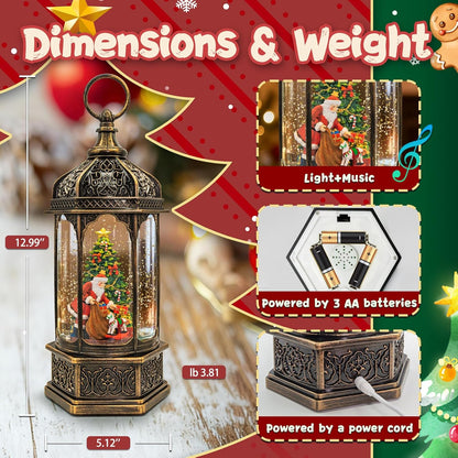 Christmas Snow Globes Lantern, Church and Christmas Tree Christmas Decorations Indoor, 6H Timer Battery & USB Powered Light Up Musical Snow Globes for Kids Women Adults Gift Thanksgiving Home Decor