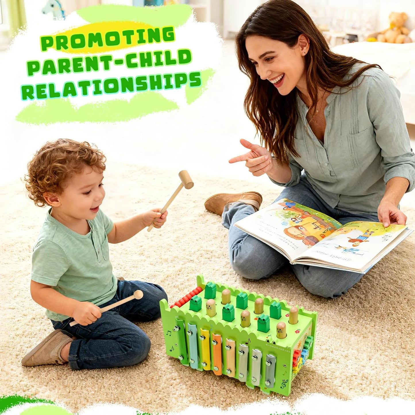 Wooden Baby Activity Cube Montessori Toys for 12+ Months Boys Girls | Hammering Pounding Toys with Abacus, Educational Toddler Activities Toys with Xylophone (Crocodile)