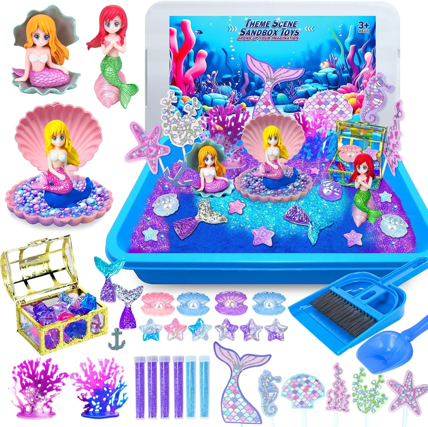 Sensory Bins for Toddlers,Sensory Toys Play Sand Art Kit with Sandbox & Sand Castle Molds & Tools,Indoor Outdoor Beach Toys for Boys and Girls Christmas Birthday Gift (Mermaid Paradise)